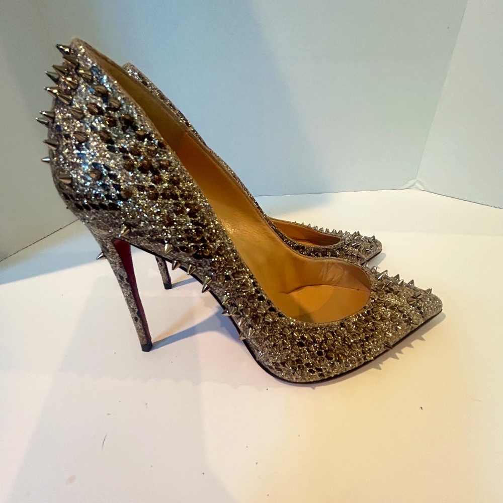 Christian Louboutin Silver Glitter Spiked Pumps